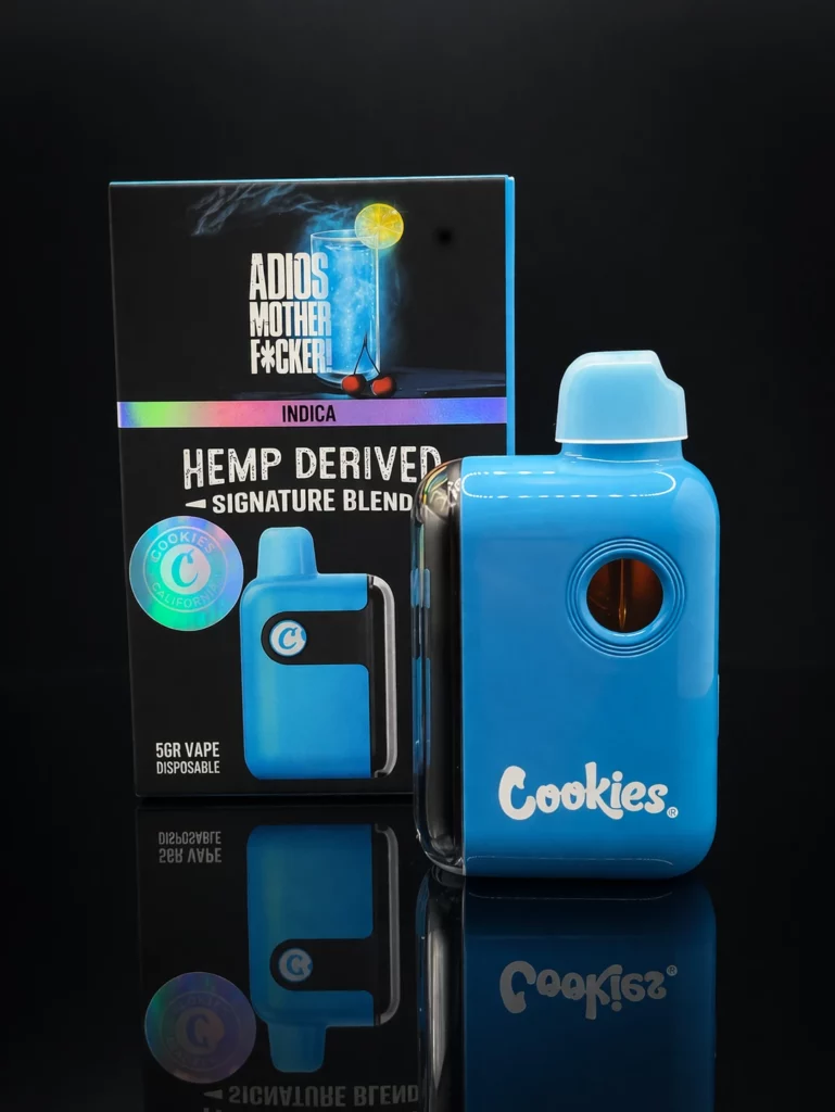Vape Pen Cookies Adios Mother F*cker — packaging signature bleu cobalt sur fond noir