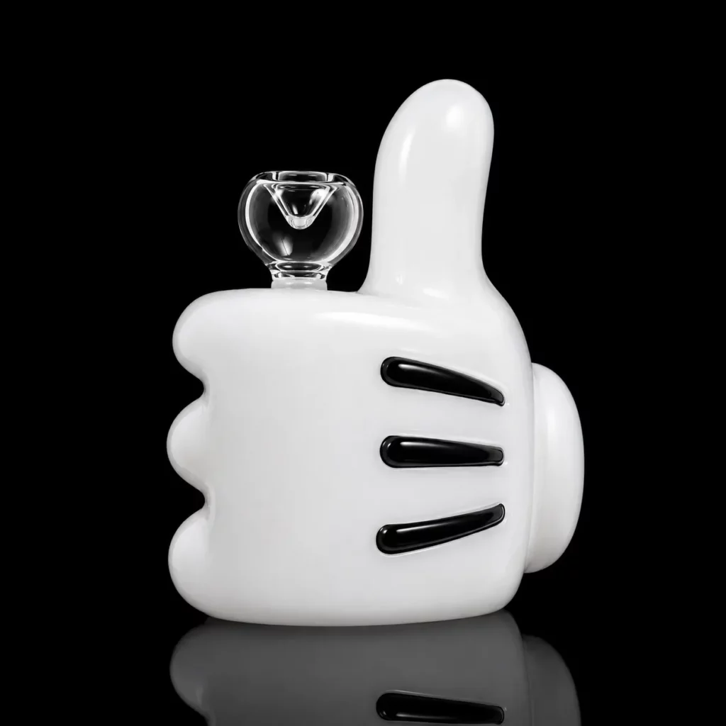 Bong High Jinx HEMPER en verre borosilicate blanc en forme de main gantée de cartoon faisant un pouce levé avec douille bulle transparente