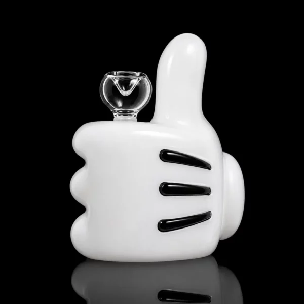 Bong High Jinx HEMPER en verre borosilicate blanc en forme de main gantée de cartoon faisant un pouce levé avec douille bulle transparente