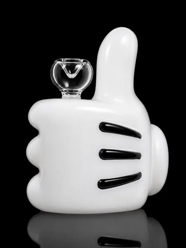 Bong High Jinx HEMPER en verre borosilicate blanc en forme de main gantée de cartoon faisant un pouce levé avec douille bulle transparente