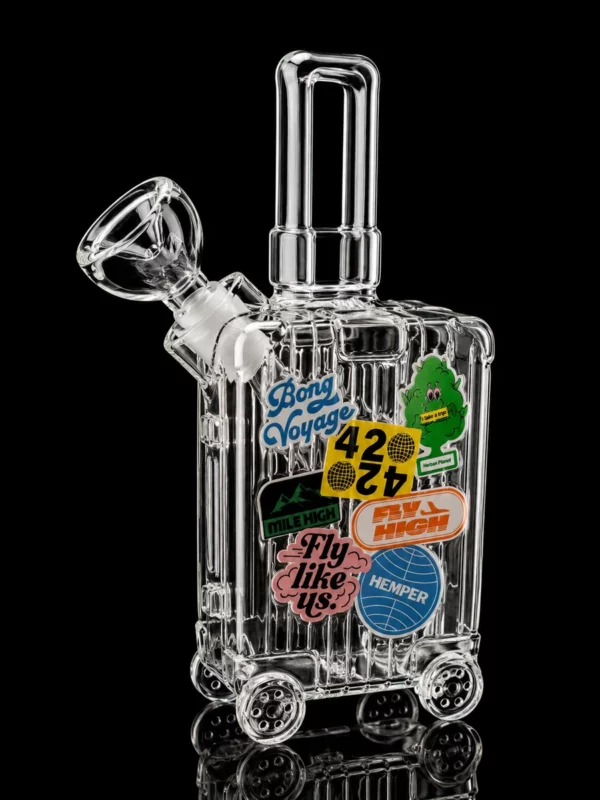 Bong Mile High HEMPER en forme de valise cabine à roulettes, verre transparent avec stickers de voyage