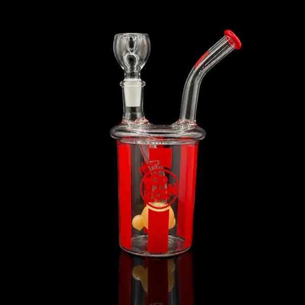 Bong Popcorn HEMPER en verre borosilicate en forme de seau de pop-corn de cinéma rayé rouge et blanc avec percolateur grain de maïs ambré