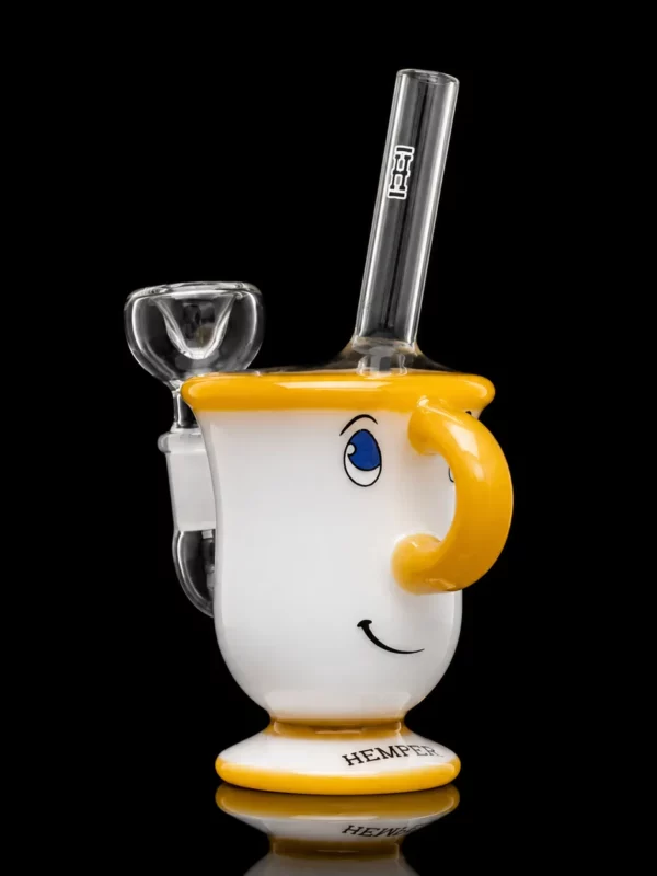 Bong Tea Party HEMPER en verre borosilicate en forme de tasse de conte animé blanche à anse dorée avec paille-embout logotée