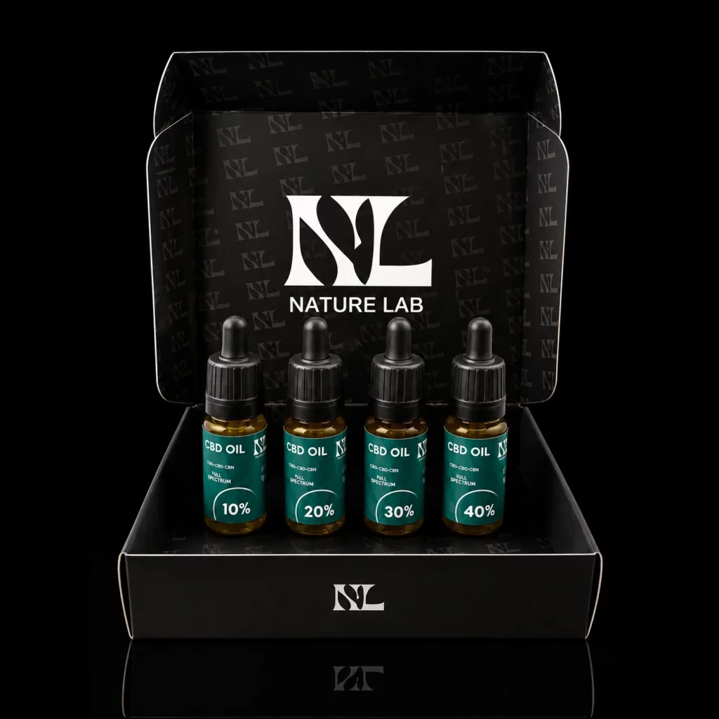 Coffret Nature Lab avec les 4 huiles CBD full spectrum maison en 10, 20, 30 et 40 pour cent, flacons de 10 ml