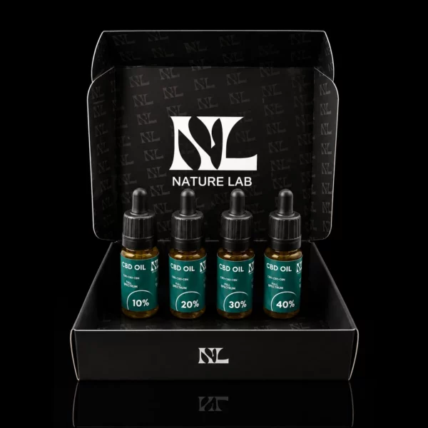 Coffret Nature Lab avec les 4 huiles CBD full spectrum maison en 10, 20, 30 et 40 pour cent, flacons de 10 ml