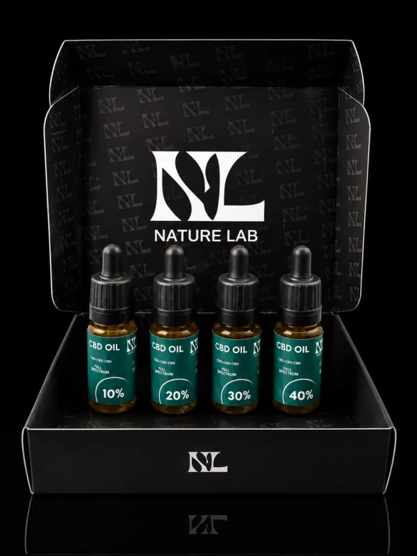 Coffret Nature Lab avec les 4 huiles CBD full spectrum maison en 10, 20, 30 et 40 pour cent, flacons de 10 ml