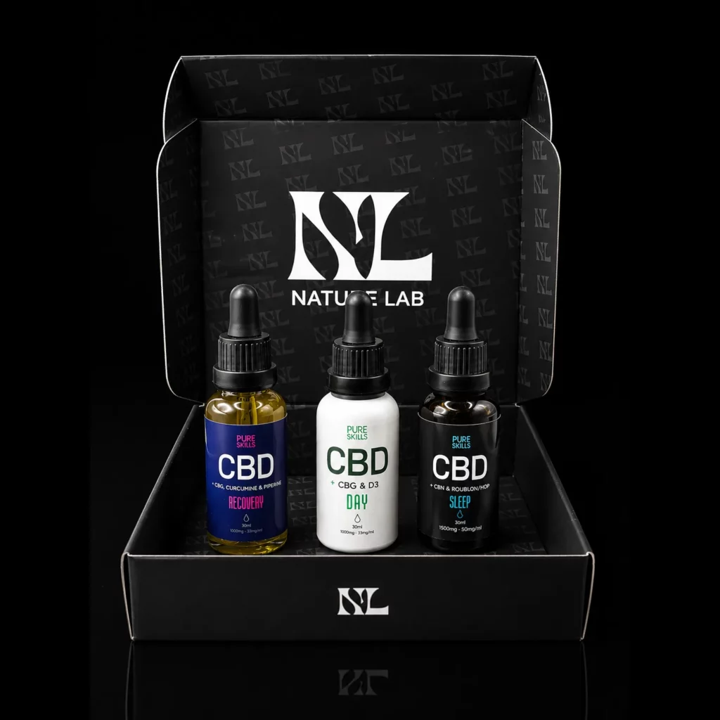 Coffret Nature Lab avec les 3 huiles CBD Pure Skills : Day, Sleep et Recovery en flacons de 30 ml