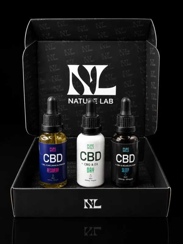 Coffret Nature Lab avec les 3 huiles CBD Pure Skills : Day, Sleep et Recovery en flacons de 30 ml