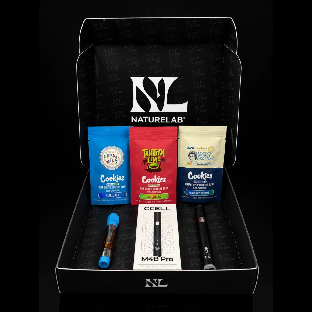 Coffret Nature Lab avec les 3 cartouches vape pen Cookies CBC Cereal Milk, London Pound Cake et Tahitian Lime et la batterie universelle 510 offerte