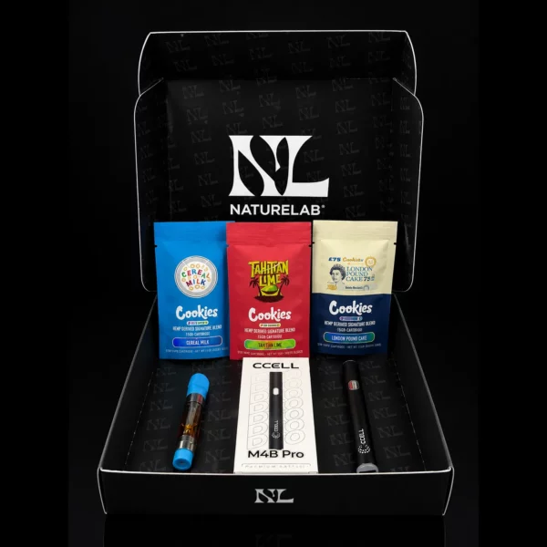 Coffret Nature Lab avec les 3 cartouches vape pen Cookies CBC Cereal Milk, London Pound Cake et Tahitian Lime et la batterie universelle 510 offerte