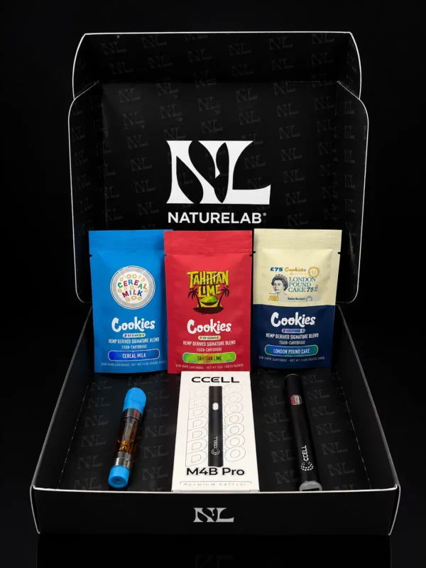 Coffret Nature Lab avec les 3 cartouches vape pen Cookies CBC Cereal Milk, London Pound Cake et Tahitian Lime et la batterie universelle 510 offerte