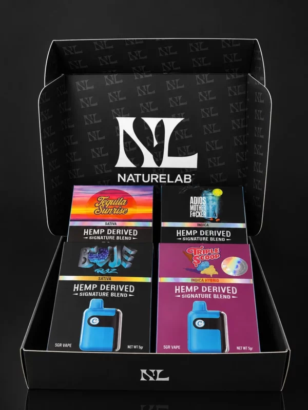 Coffret Nature Lab avec les 4 vapes Cookies 5G : Blue Razz, Tequila Sunrise, Triple Scoop et Adios MF