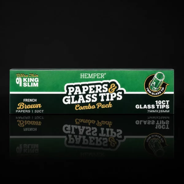 Combo Pack HEMPER Papers & Glass Tips : 32 feuilles King Slim French Brown et 10 filtres en verre 7 mm