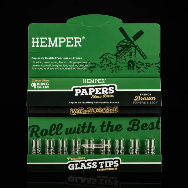 Présentoir HEMPER Papers & Glass Tips montrant les filtres en verre borosilicate et le carnet de feuilles slow burn