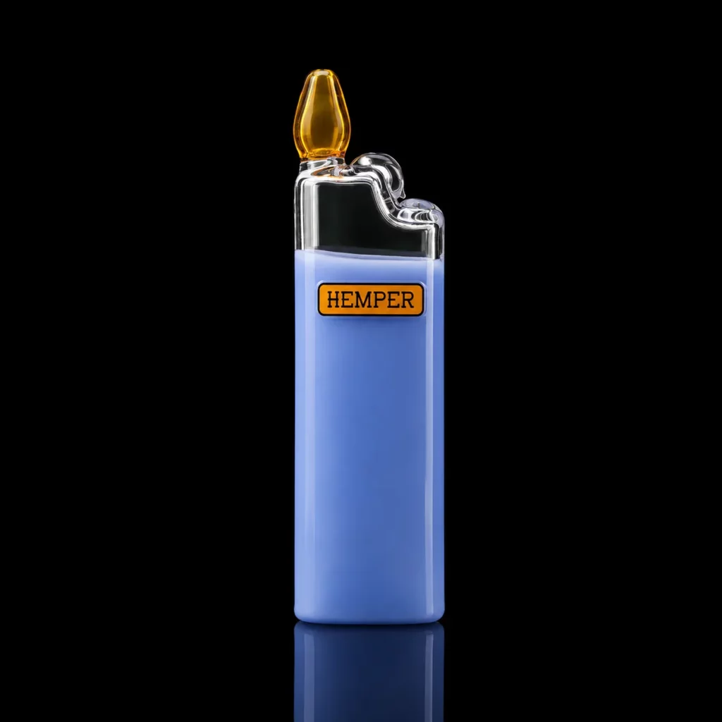 Pipe Briquet HEMPER en verre borosilicate bleu en forme de briquet classique avec capot chromé et embout flamme ambrée