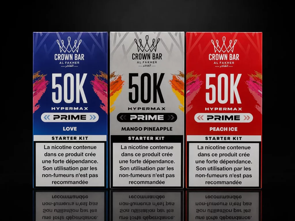 Puff Al Fakher Crown Bar 50K Hypermax Prime : coffrets Love, Mango Pineapple et Peach Ice, 50 000 bouffées