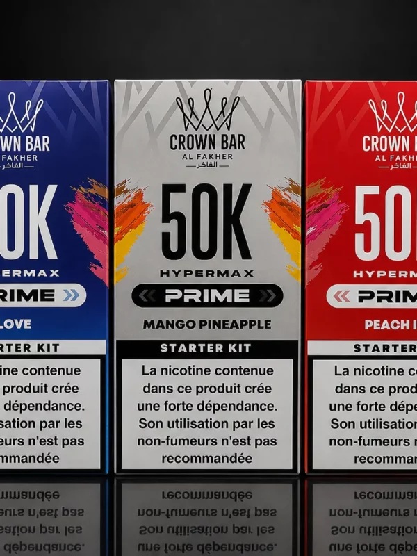 Puff Al Fakher Crown Bar 50K Hypermax Prime : coffrets Love, Mango Pineapple et Peach Ice, 50 000 bouffées