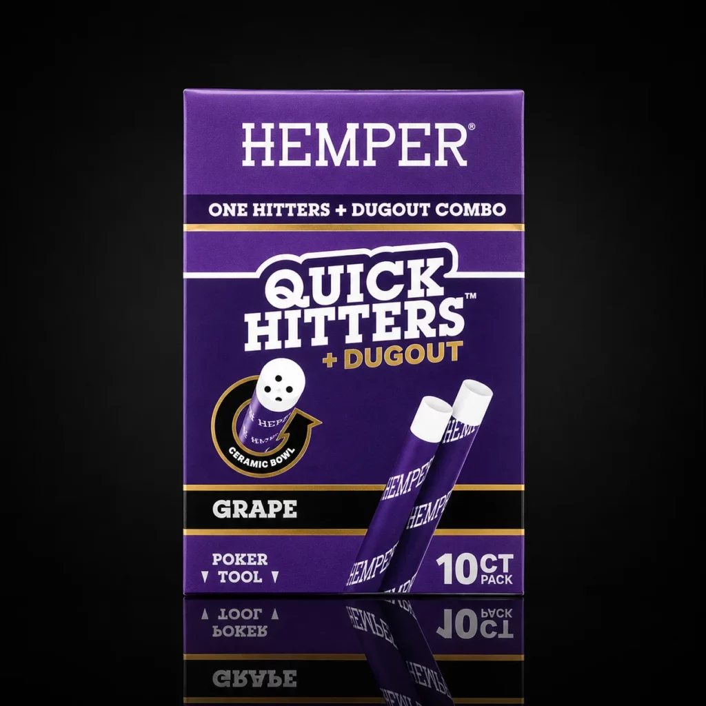 Boîte Quick Hitters HEMPER Grape : 10 one-hitters à embout céramique avec dugout et poker tool