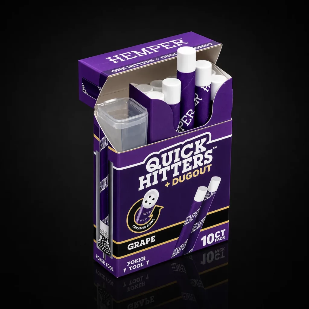 Boîte Quick Hitters Grape ouverte montrant les 10 one-hitters et le compartiment dugout