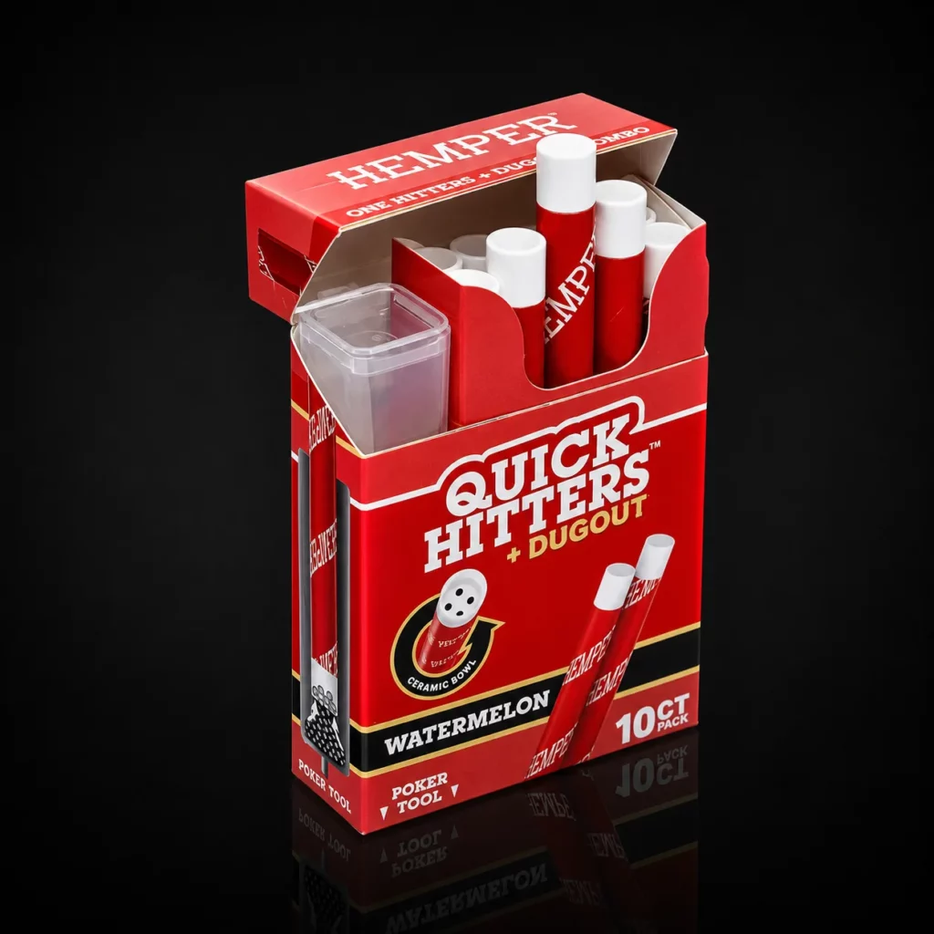 Boîte Quick Hitters Watermelon ouverte montrant les 10 one-hitters et le compartiment dugout
