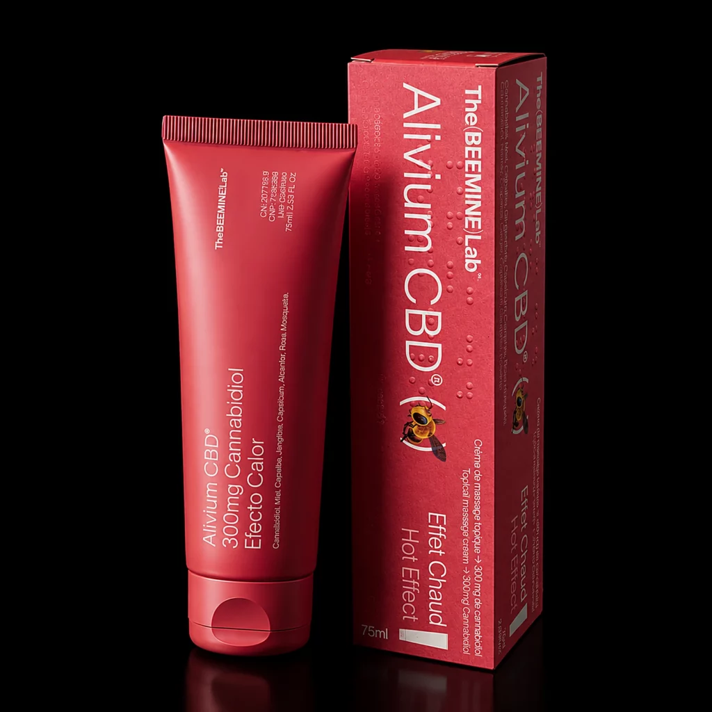 Crème de massage Alivium CBD 300 mg effet chaud The Beemine Lab, tube et étui rouges 75 ml