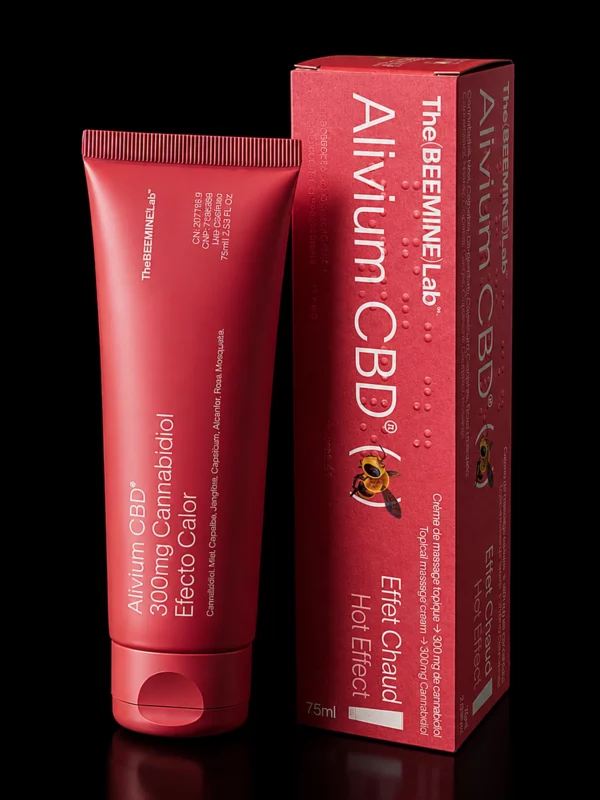 Crème de massage Alivium CBD 300 mg effet chaud The Beemine Lab, tube et étui rouges 75 ml