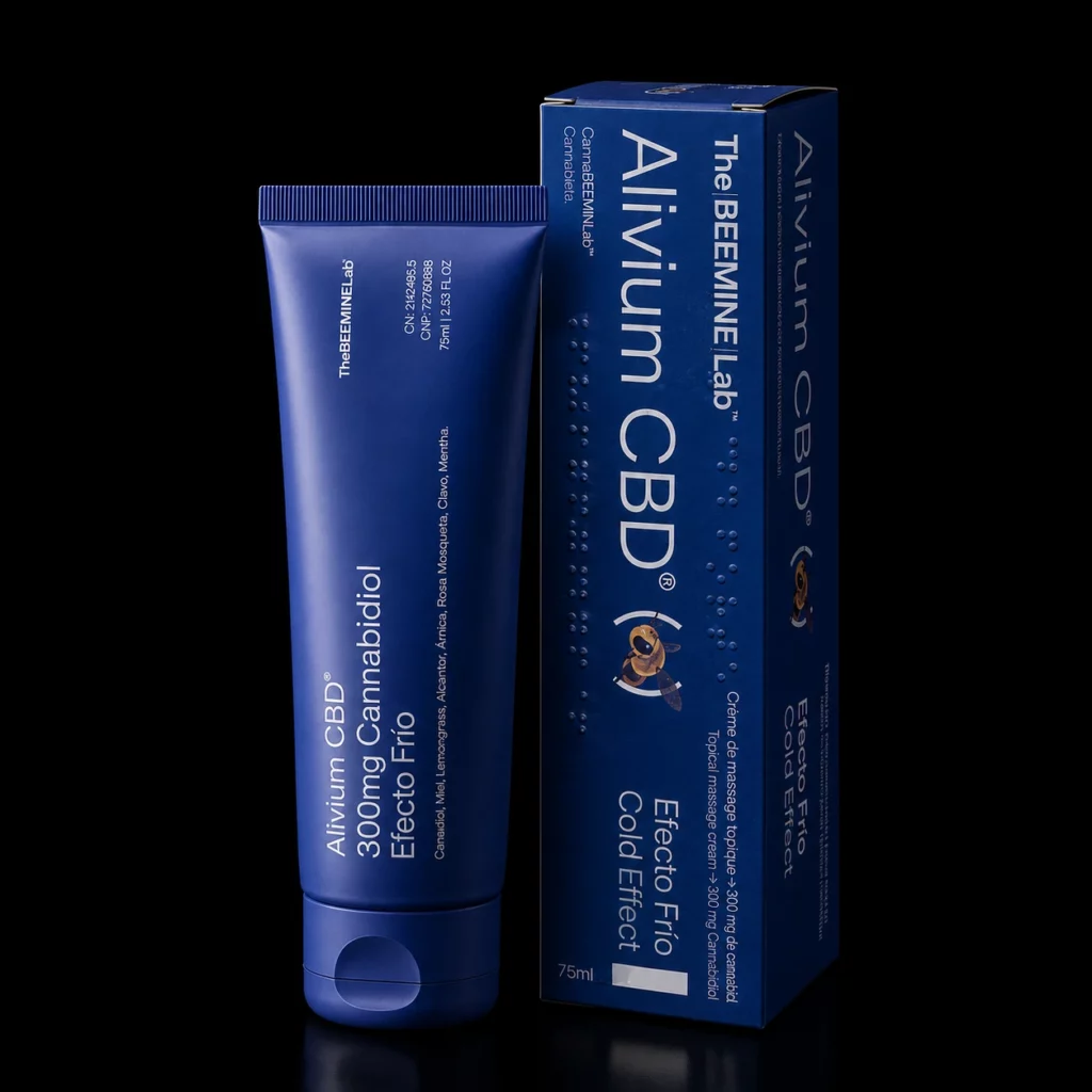 Crème de massage Alivium CBD 300 mg effet froid The Beemine Lab, tube et étui 75 ml