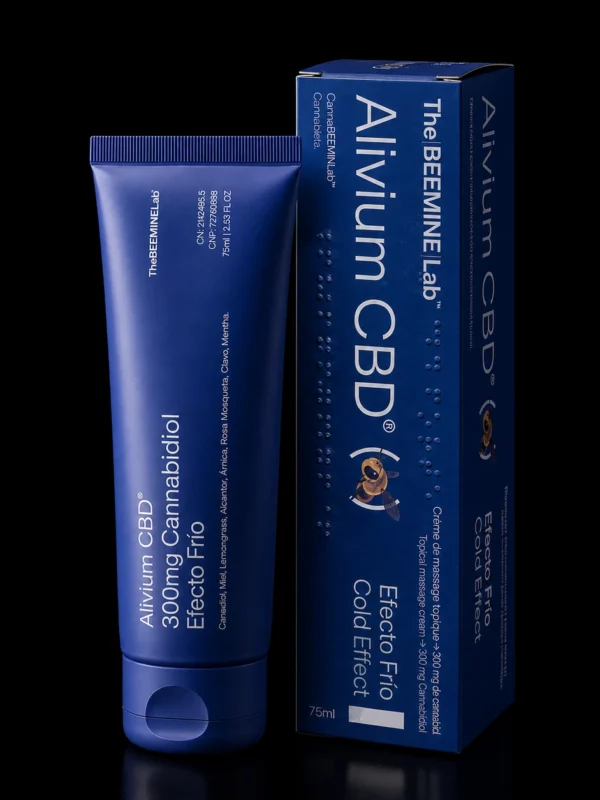 Crème de massage Alivium CBD 300 mg effet froid The Beemine Lab, tube et étui 75 ml