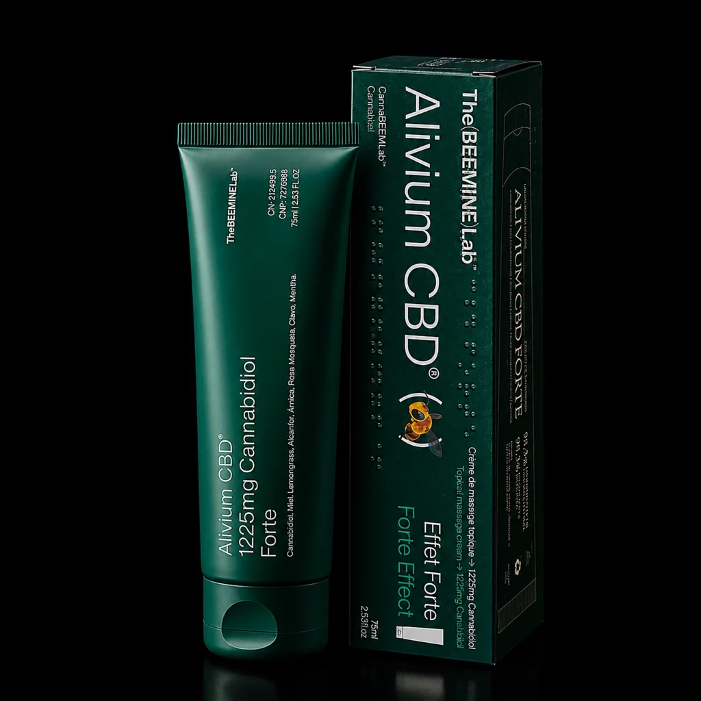 Crème de massage Alivium CBD Forte 1225 mg The Beemine Lab, tube et étui verts 75 ml