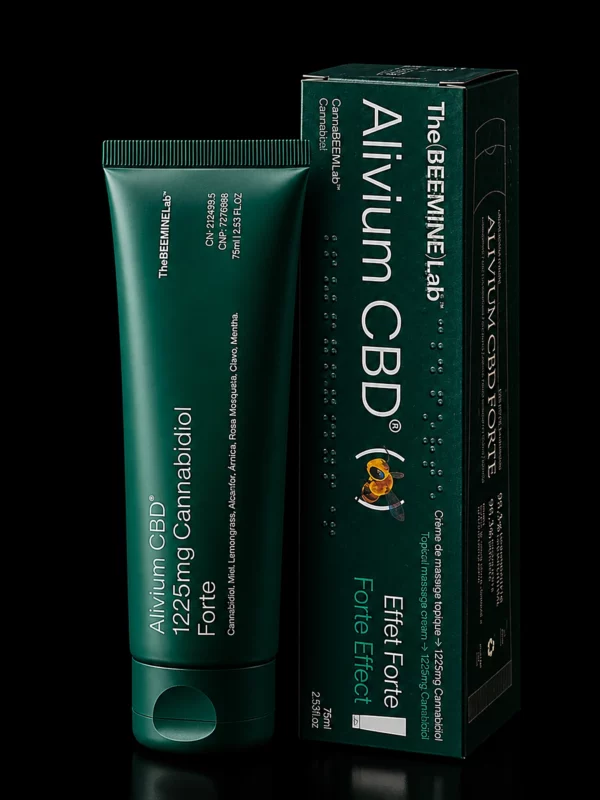 Crème de massage Alivium CBD Forte 1225 mg The Beemine Lab, tube et étui verts 75 ml