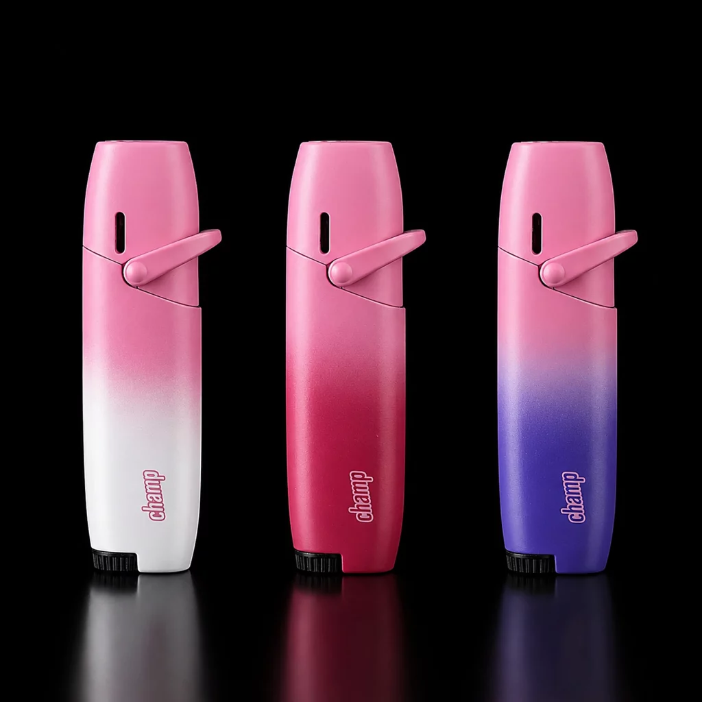 Briquets torche Champ à flamme colorée, trois coloris dégradés rose blanc framboise et violet