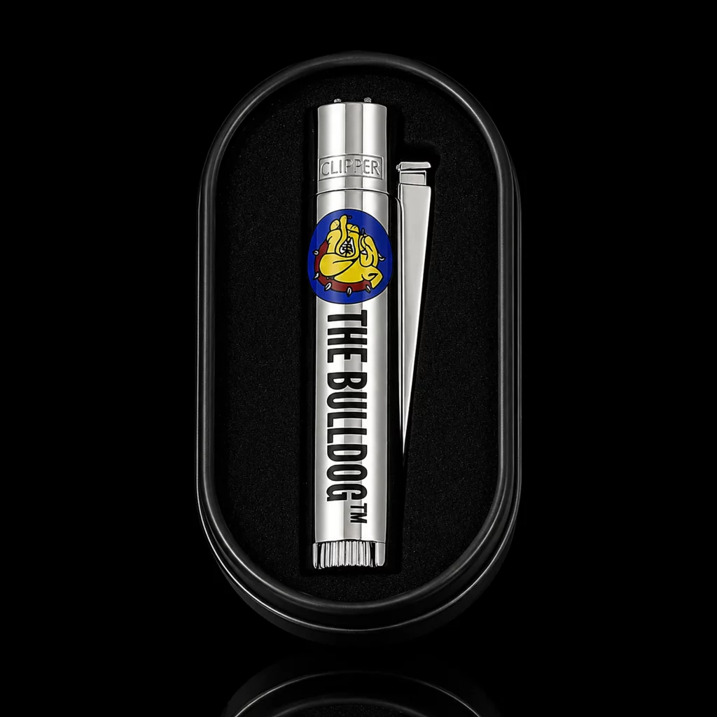 Briquet Clipper métal The Bulldog dans sa boîte cadeau métallique ouverte