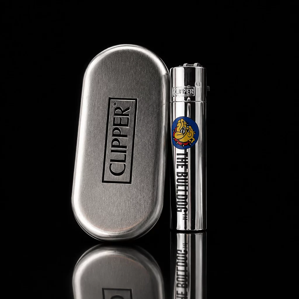 Briquet Clipper métal The Bulldog chromé avec boîte cadeau métallique Clipper