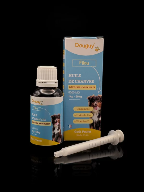 FILOU – Huile de Chanvre Défenses naturelles pour Chiens – 5000mg - fond noir studio, boutique Nature Lab