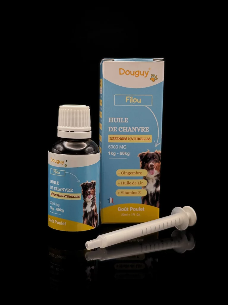 FILOU – Huile de Chanvre Défenses naturelles pour Chiens – 5000mg - fond noir studio, boutique Nature Lab