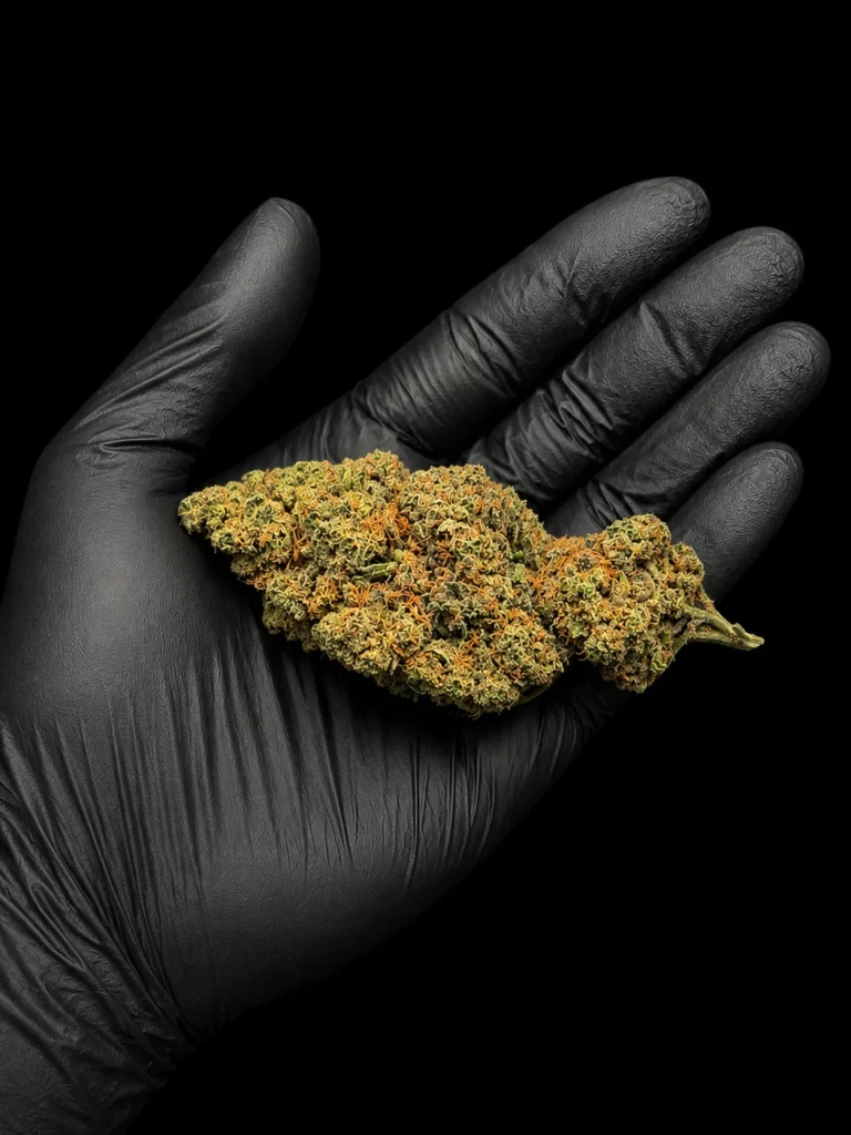 Fleur CBC Amnesia Haze - bud entier tenu dans une main gantée, photo studio fond noir