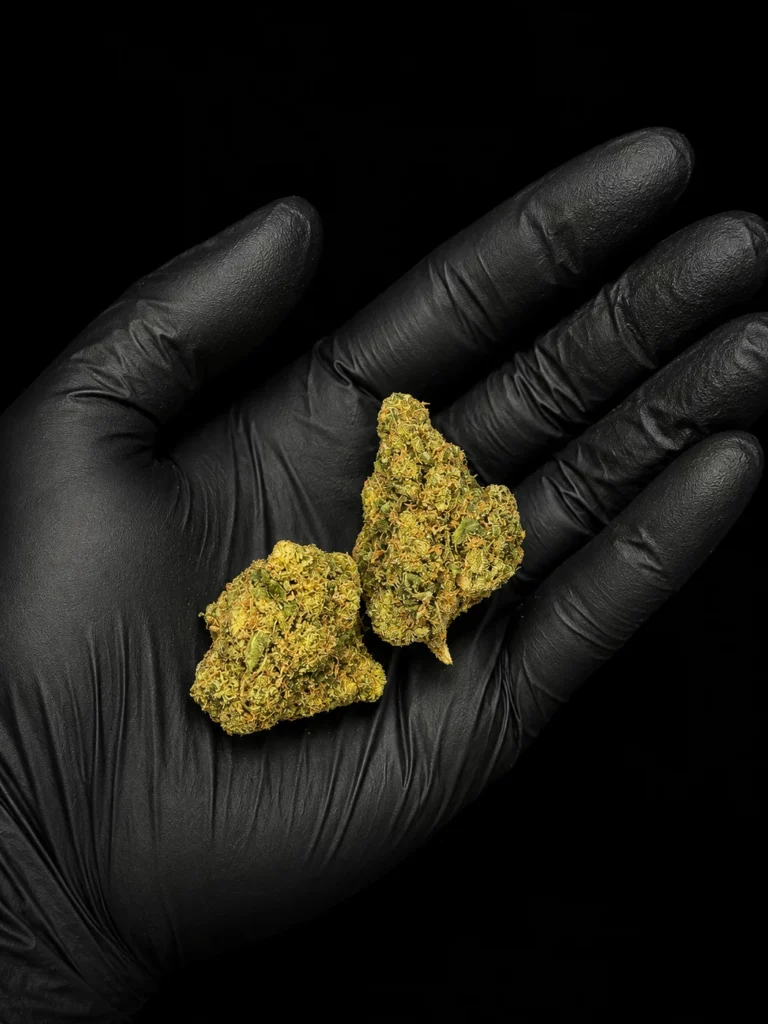 Fleur CBD Cali Sunset - buds tenus dans une main gantée, photo studio fond noir