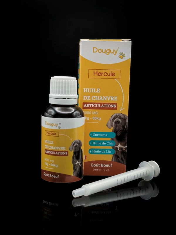 HERCULE – Huile de Chanvre Articulations pour Chiens – 5000mg - fond noir studio, boutique Nature Lab