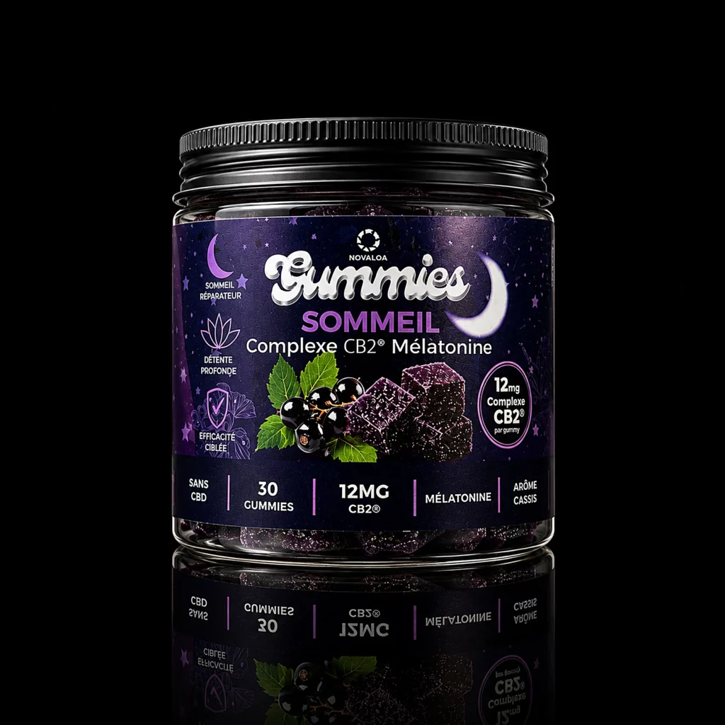Gummies Sommeil Novaloa, complexe CB2 et mélatonine, pot de 30 gummies au cassis, fond noir studio