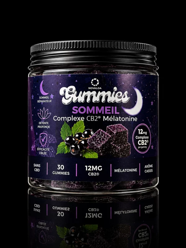 Gummies Sommeil Novaloa, complexe CB2 et mélatonine, pot de 30 gummies au cassis, fond noir studio