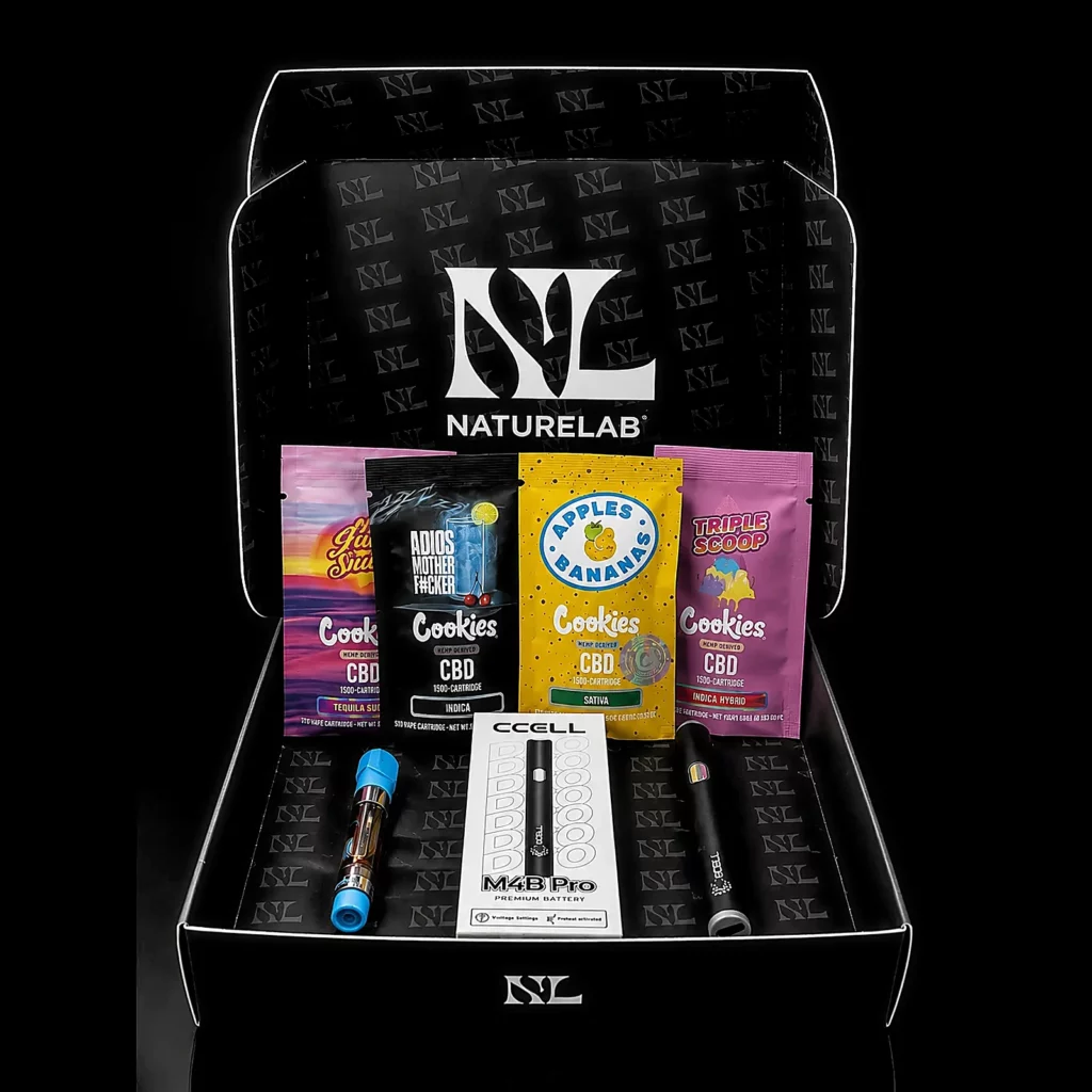 Pack Cartouches CBD Cookies - fond noir studio, boutique Nature Lab