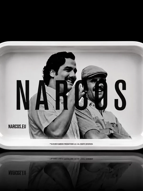 Plateau de roulage Narcos officiel en métal, visuel noir et blanc Pablo et Gustavo, format moyen