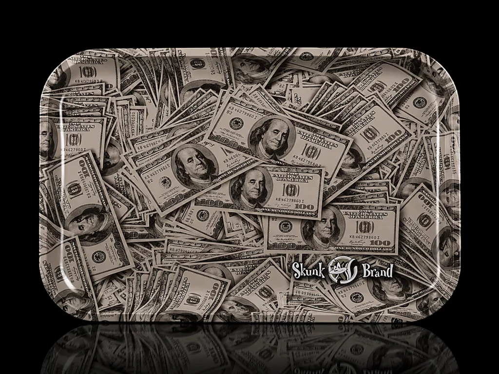 Plateau de roulage Skunk Brand grand format, motif billets de 100 dollars, aluminium à rebords hauts