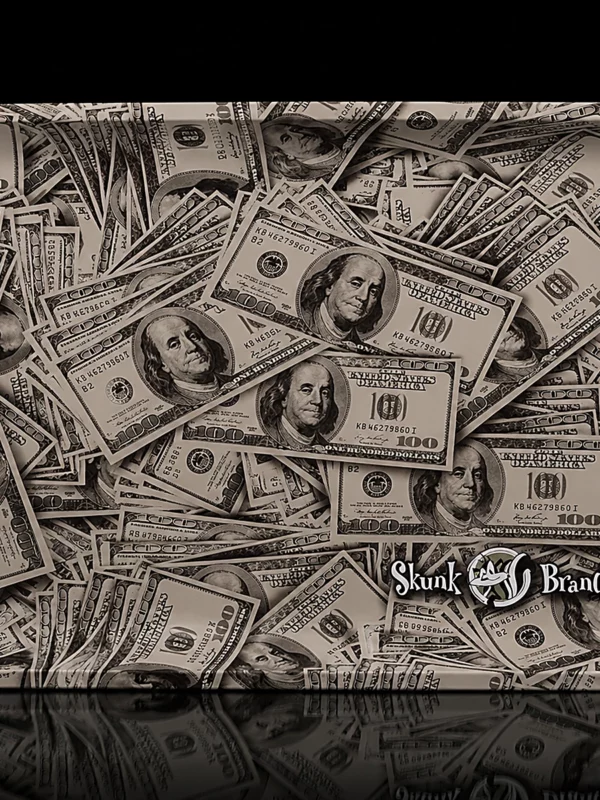 Plateau de roulage Skunk Brand grand format, motif billets de 100 dollars, aluminium à rebords hauts