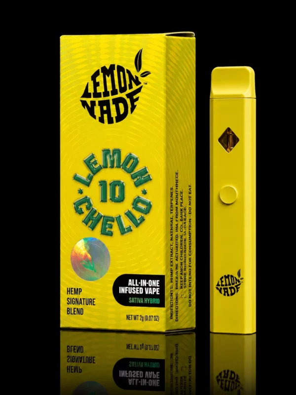Vape Lemonnade 2G Lemonchello - puff CBC tout-en-un, boîte jaune et vape jaune sur fond noir