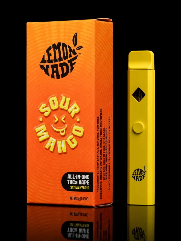 Vape Lemonnade 2G Sour Mango - puff CBC tout-en-un, boîte orange et vape jaune sur fond noir