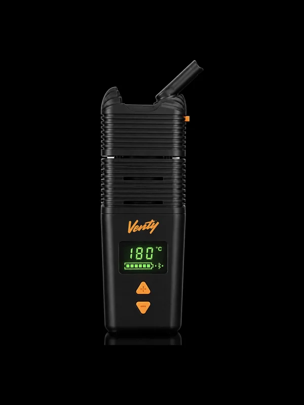 Vaporisateur Venty Storz & Bickel avec écran et boutons orange - fond noir studio, boutique Nature Lab