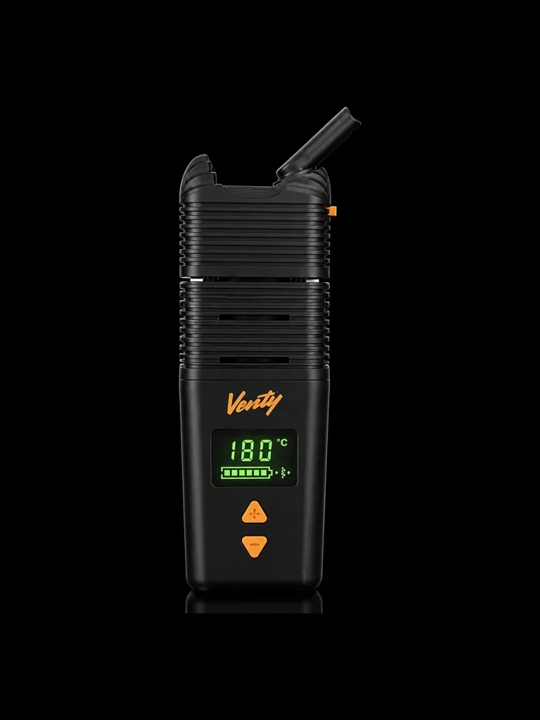 Vaporisateur Venty Storz & Bickel avec écran et boutons orange - fond noir studio, boutique Nature Lab