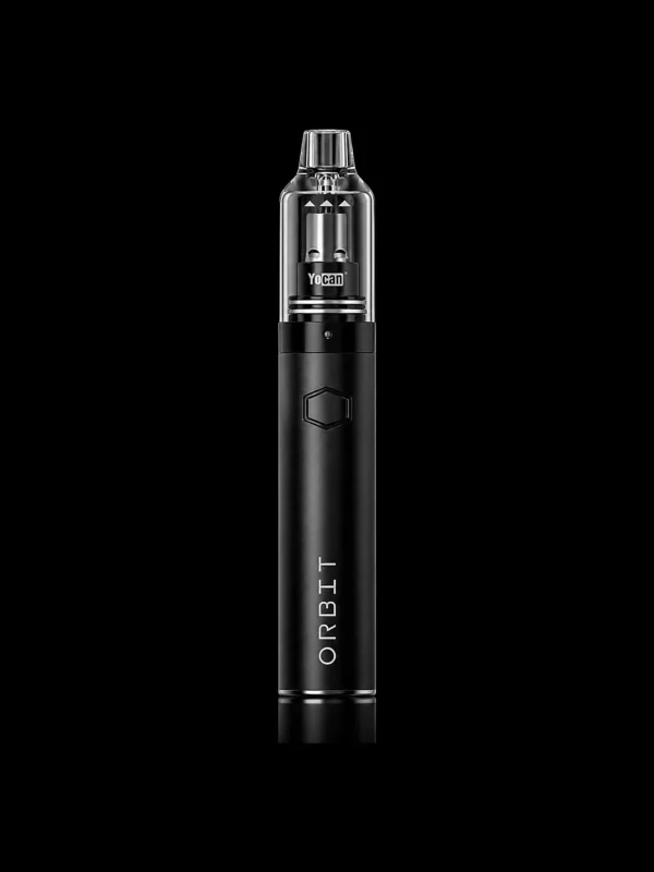 Vaporisateur stylo Yocan Orbit noir avec chambre quartz sous verre - fond noir studio, boutique Nature Lab