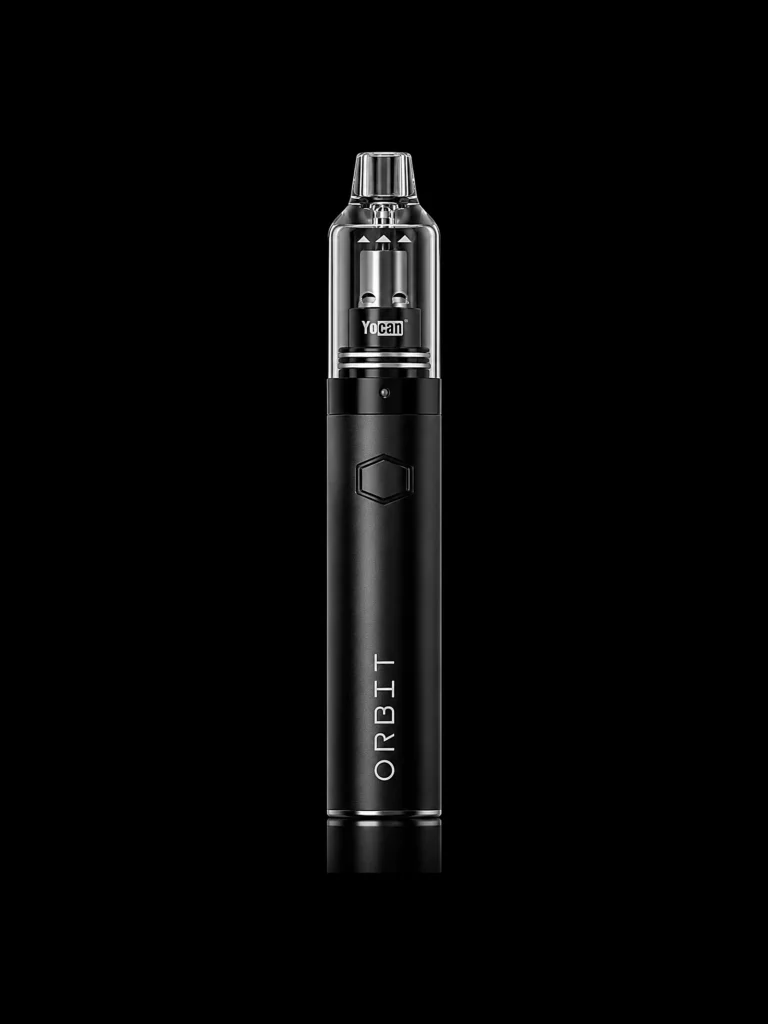 Vaporisateur stylo Yocan Orbit noir avec chambre quartz sous verre - fond noir studio, boutique Nature Lab